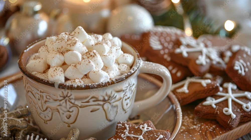 Cozy Scene Featuring Rich Hot Chocolate Topped with Fluffy Whipped Cream and Colorful Marshmallows, Perfect for Winter Indulgence Cozy Scene Featuring Rich Hot Chocolate Topped with Fluffy Whipped Cream and Colorful Marshmallows, Perfect for Winter Indulgence