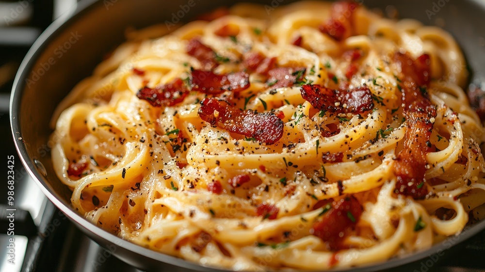 Close-up of Creamy Carbonara Pasta with Crispy Bacon in a Pan Close-up of Creamy Carbonara Pasta with Crispy Bacon in a Pan