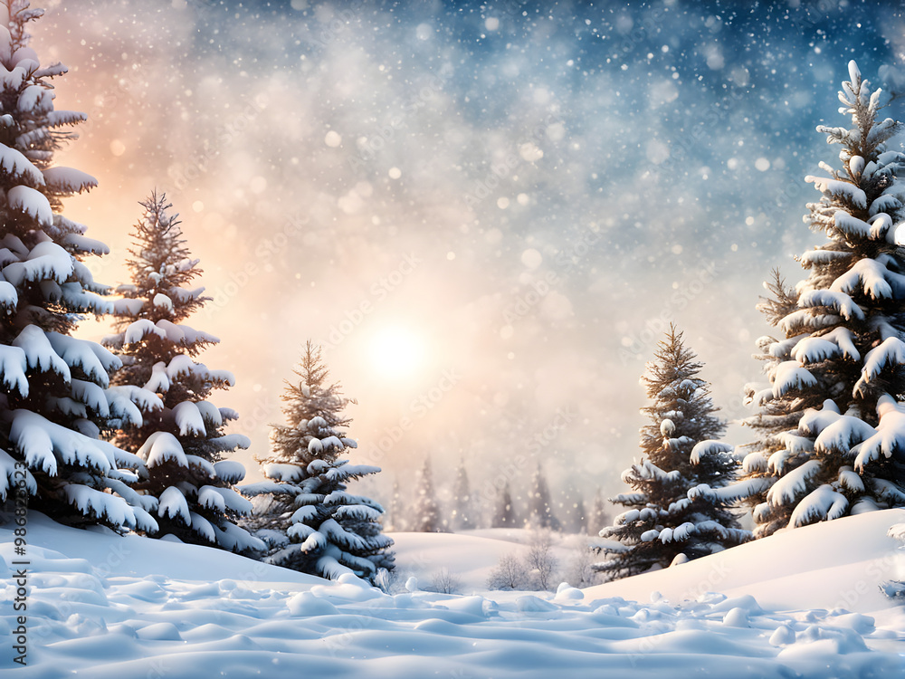 Winter background. Merry Christmas and happy New Year greeting card with copy-space. Christmas landscape with snow and fir trees