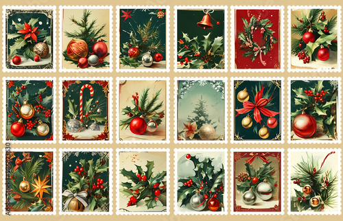 This delightful collection of vintage-style Christmas stamps captures the essence of the festive season with charming illustrations of various holiday elements.