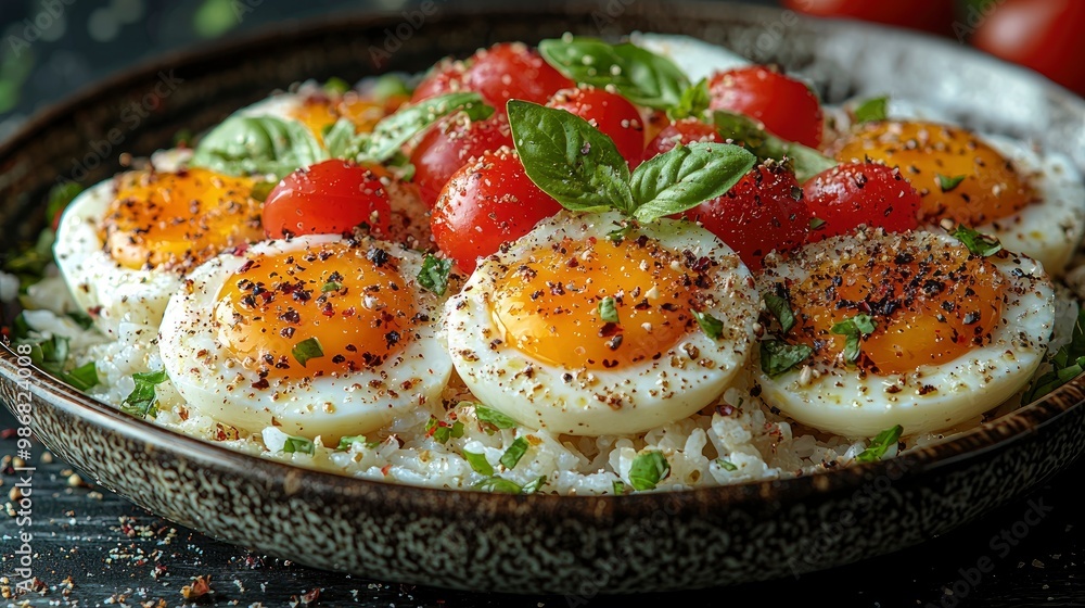 Delicious Hard Boiled Eggs with Rice, Tomatoes, and Basil Delicious Hard Boiled Eggs with Rice, Tomatoes, and Basil