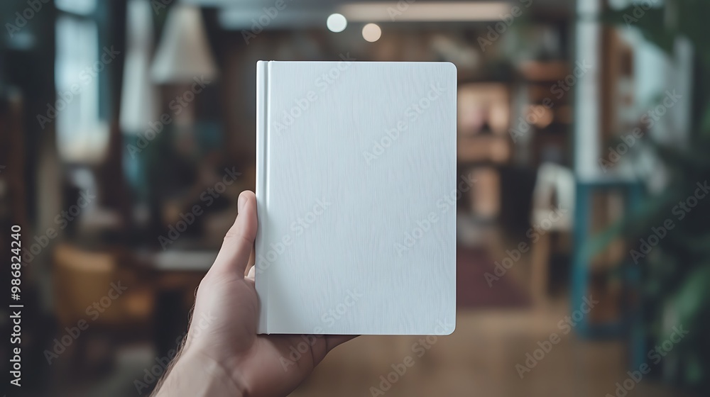 Hand holding white notebook in a cozy room Hand holding white notebook in a cozy room