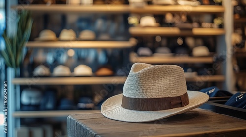 A white fedora hat with a brown band sits on a wooden table in front of a shelf of hats. photo