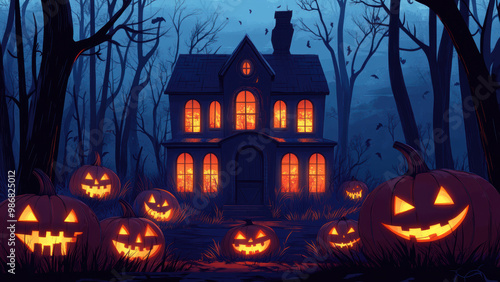 Eerie haunted house with glowing jack-o'-lanterns in a dark, spooky forest under a full moon.