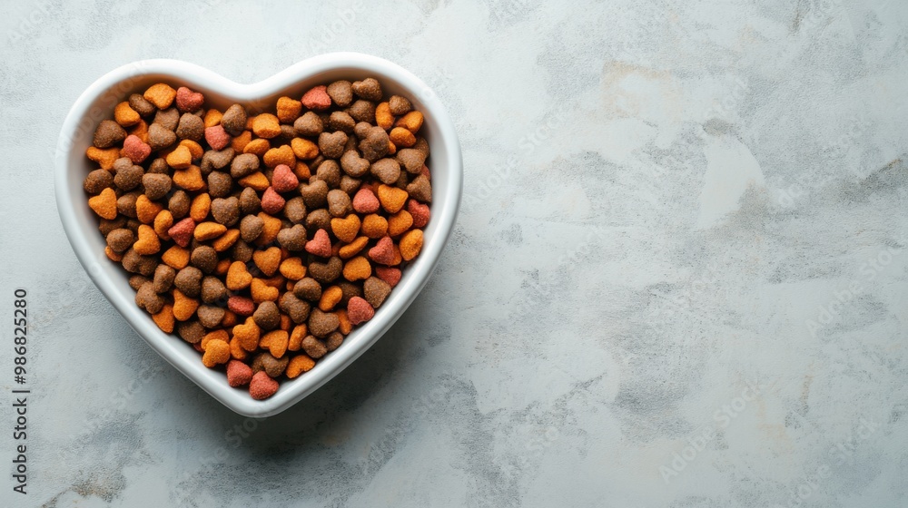 Dog food in heart shaped bowlle background. Copy space. Dog food in heart shaped bowlle background. Copy space.