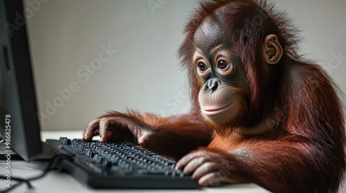 A young orangutan sits at a computer, looking intently at the screen and typing on the keyboard. photo