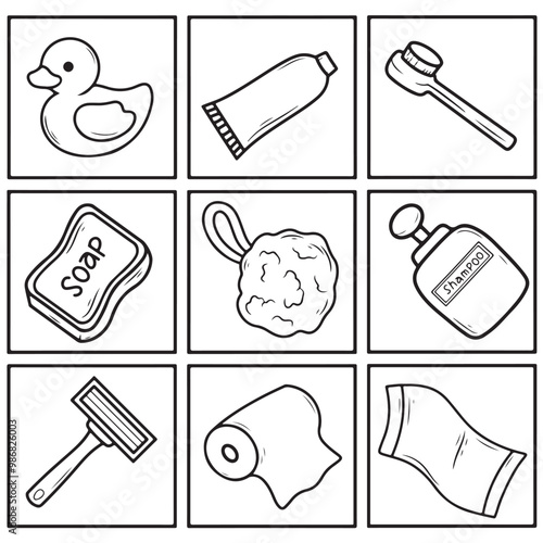 Vector illustration of a set of hygiene bath items on a white background.