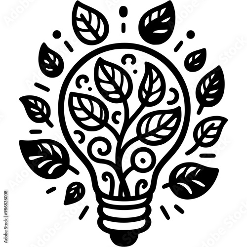 Plant growing inside a light bulb in monochrome. Simple minimalistic vector in black ink drawing on transparent background