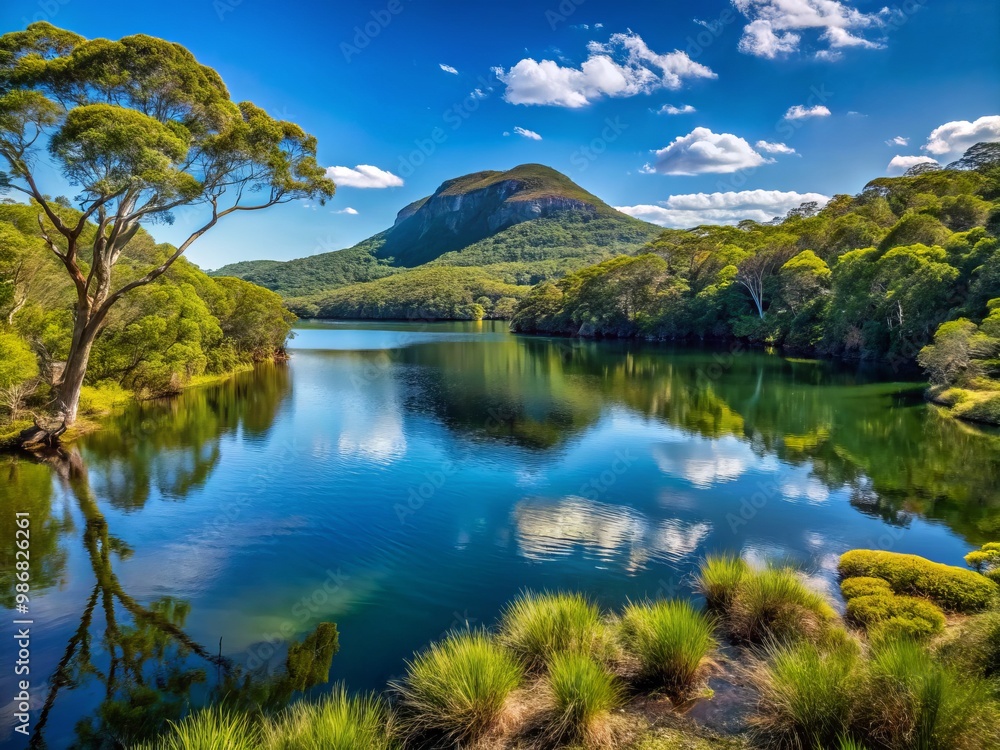 The serene lake is nestled amidst lush greenery, flanked by a distant mountain range within the Ku-ring-gai Chase The serene lake is nestled amidst lush greenery, flanked by a distant mountain range within the Ku-ring-gai Chase