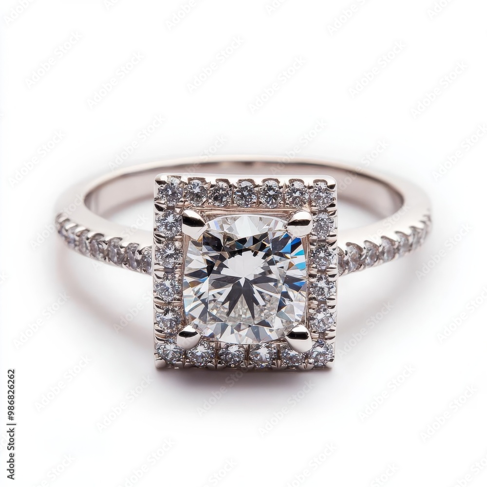 Princess-cut diamond ring with a halo setting, epitomizing luxury and grace Princess-cut diamond ring with a halo setting, epitomizing luxury and grace
