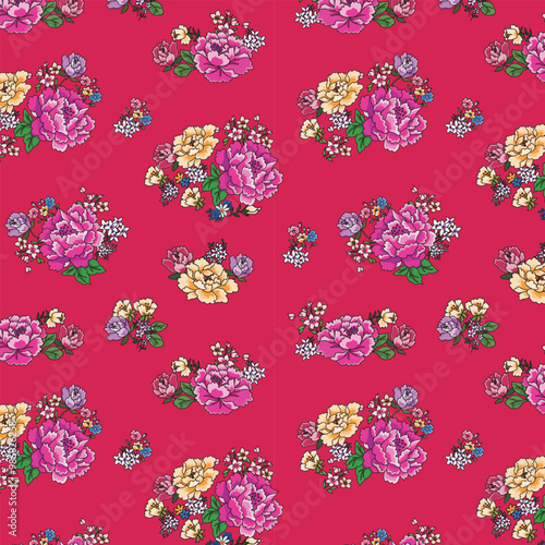 台湾花布のシームレスパターン＿線画＿赤