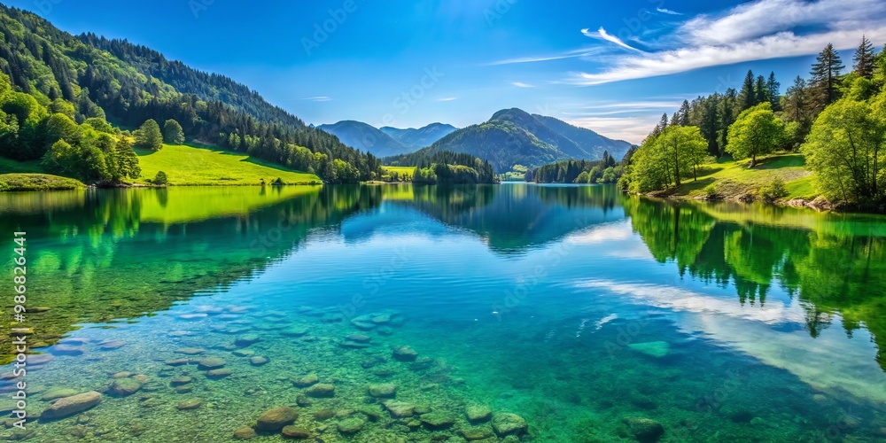 The serene lake with clear waters is nestled among green hills, its surface reflecting the vibrant blue sky The serene lake with clear waters is nestled among green hills, its surface reflecting the vibrant blue sky