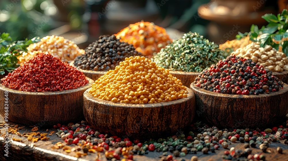 Aromatic Spices in Wooden Bowls Aromatic Spices in Wooden Bowls