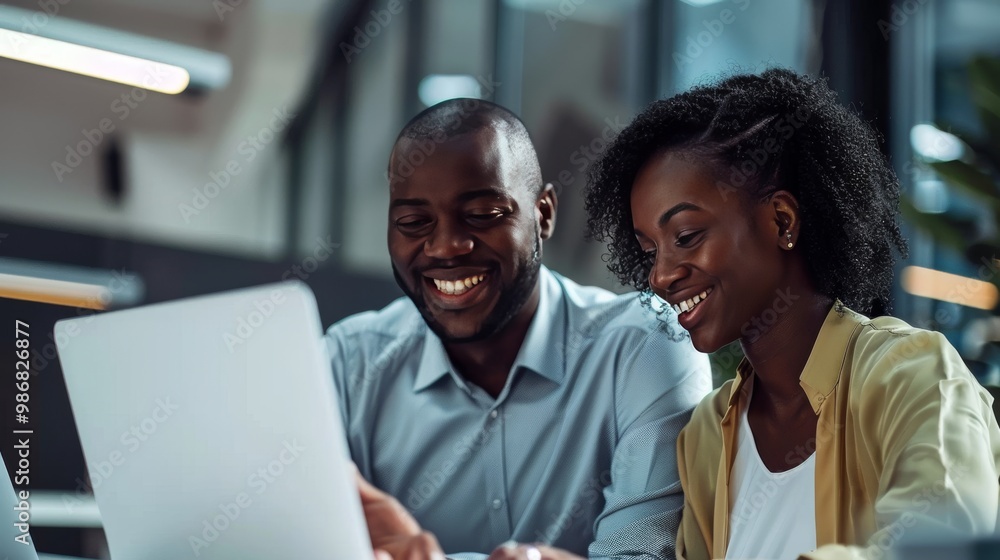 Two business people using a laptop together while sitting in a meeting. Happy business people looking at a slide presentation in an office. Two business people using a laptop together while sitting in a meeting. Happy business people looking at a slide presentation in an office.