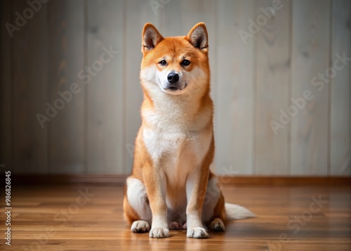 The Shiba Inu rests on the weathered wooden floor, its orange and white fur a vibrant contrast to