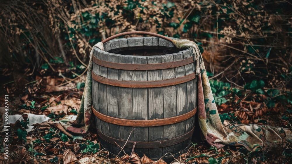 A photo of a wooden barrel with a rusty hoop around its middle. The barrel is placed on the ground and is surrounded by dry leaves. The background is overgrown with greenery A photo of a wooden barrel with a rusty hoop around its middle. The barrel is placed on the ground and is surrounded by dry leaves. The background is overgrown with greenery
