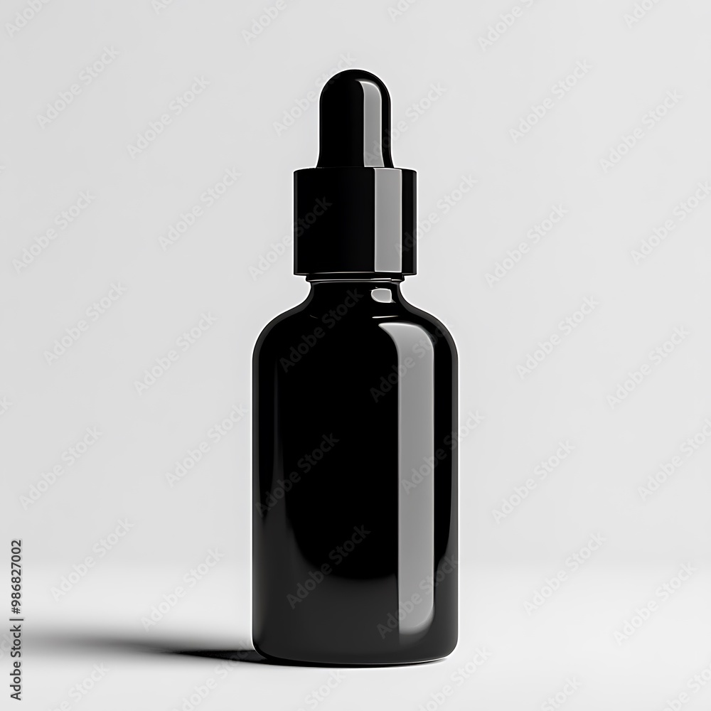 Glossy Black Dropper Bottle on a Plain Gray Background in Studio Setting Glossy Black Dropper Bottle on a Plain Gray Background in Studio Setting
