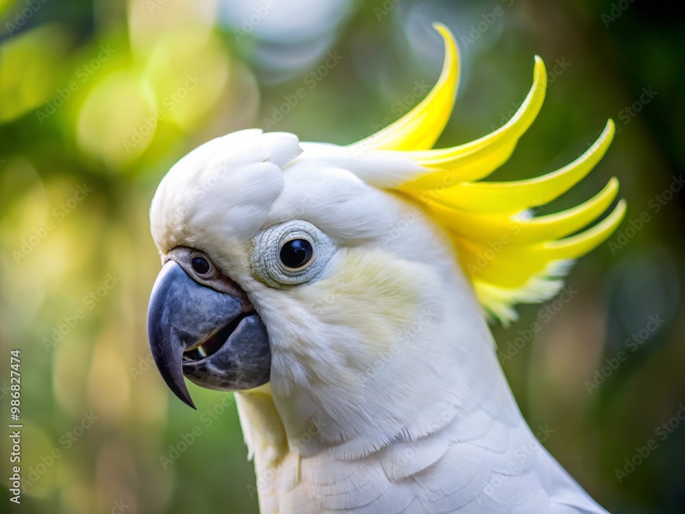 The soft feathers on its head frame a vibrant yellow crest, contrasting sharply with its snowy-white face, black The soft feathers on its head frame a vibrant yellow crest, contrasting sharply with its snowy-white face, black