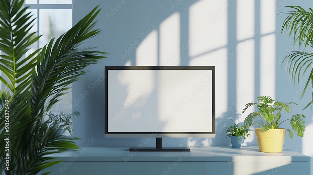 Desktop monitor placed in a well-lit room with green plants Desktop monitor placed in a well-lit room with green plants
