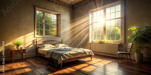 The sunlit bedroom features an unmade bed, its messy sheets and blankets tangled in a heap, alongside a photo