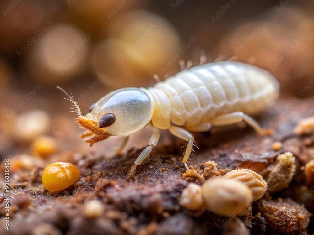 The tiny white termite larva's segmented body and small head stand out against a blurred background, its fragile The tiny white termite larva's segmented body and small head stand out against a blurred background, its fragile