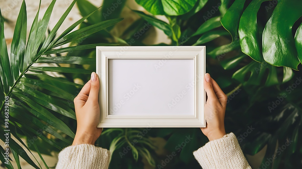 Hands holding a white picture frame in front of green tropical leaves Hands holding a white picture frame in front of green tropical leaves