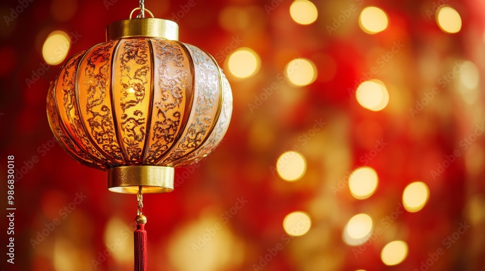 A gold Chinese lantern with intricate designs and a glossy finish, against a festive red and gold background A gold Chinese lantern with intricate designs and a glossy finish, against a festive red and gold background