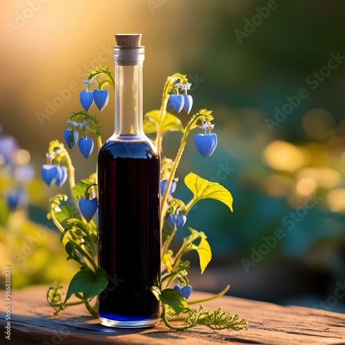 Blue cohosh tincture bottle with blue cohosh plant, photo