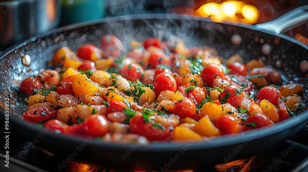 Close-up of Saut�ed Cherry Tomatoes and Peppers in a Pan Close-up of Saut�ed Cherry Tomatoes and Peppers in a Pan