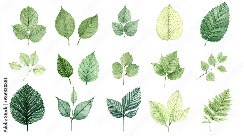 Fototapeta premium This image showcases a variety of hand-drawn green leaf botanical illustrations, neatly ordered in rows 