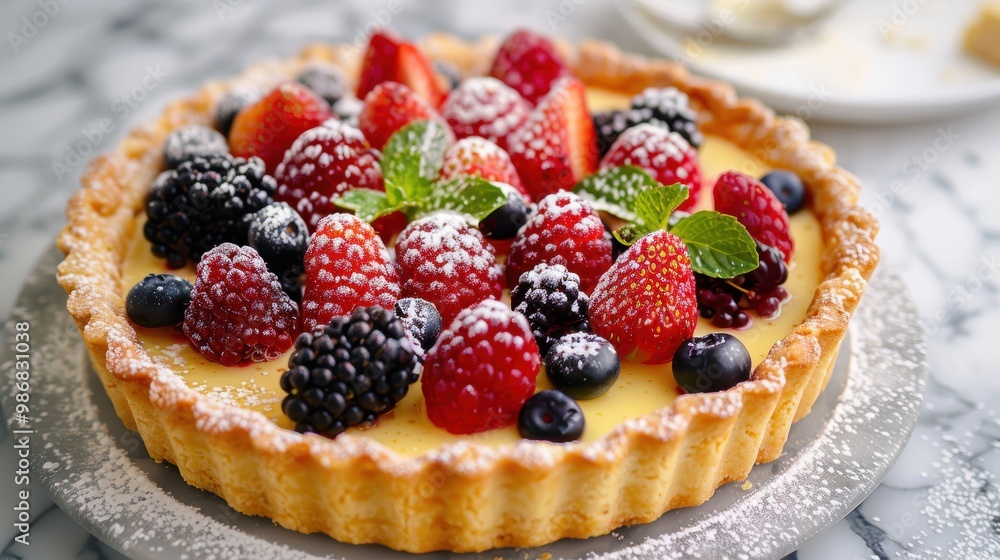 Exquisite Fruit Tart Featuring a Crispy Golden Crust, Creamy Custard, Fresh Berries, and a Delicate Sprinkle of Powdered Sugar for a Tempting Dessert Experience Exquisite Fruit Tart Featuring a Crispy Golden Crust, Creamy Custard, Fresh Berries, and a Delicate Sprinkle of Powdered Sugar for a Tempting Dessert Experience