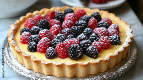 Exquisite Fruit Tart Featuring a Crispy Golden Crust, Creamy Custard, Fresh Berries, and a Delicate Sprinkle of Powdered Sugar for a Tempting Dessert Experience