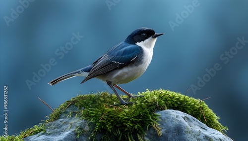 Northern wheatear resting on a moss-covered stone with a vibrant blue backdrop photo