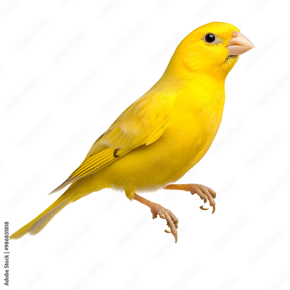 Vibrant Yellow Canary Perched on Branch Against White Background Vibrant Yellow Canary Perched on Branch Against White Background