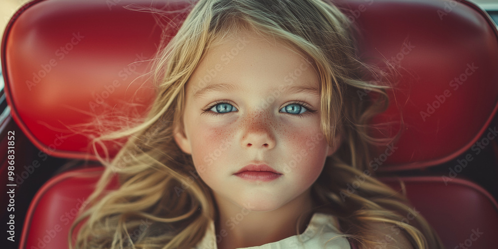 Little girl is sitting in the passenger seat of convertible car, generative AI Little girl is sitting in the passenger seat of convertible car, generative AI