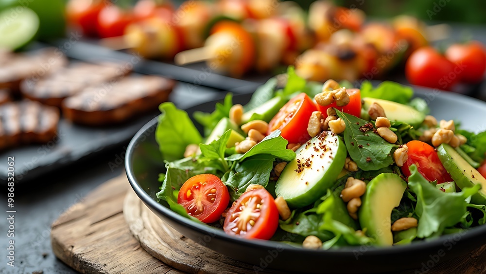 A vibrant, fresh salad served alongside perfectly grilled dishes. The colorful mix of greens, tomatoes, and cucumbers adds a refreshing touch, complementing the smoky, flavorful barbecue meats. A vibrant, fresh salad served alongside perfectly grilled dishes. The colorful mix of greens, tomatoes, and cucumbers adds a refreshing touch, complementing the smoky, flavorful barbecue meats.