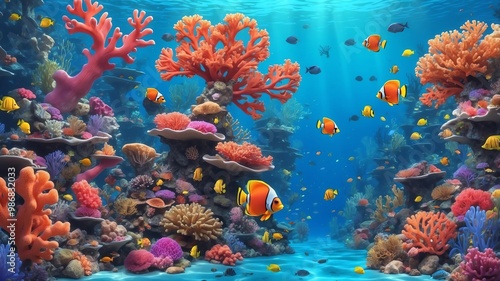 Colorful Coral and Fish Underwater Cartoon Background Design photo