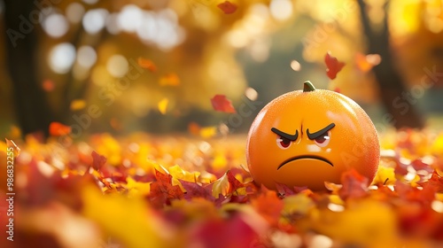 Angry Orange Emoji in Autumn Leaves