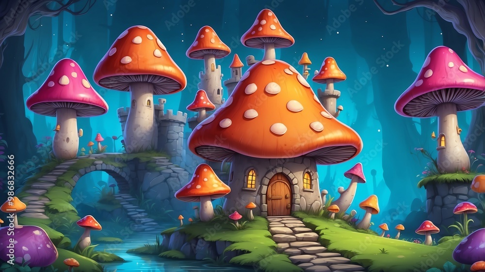 Colorful Mushroom Castle Cartoon Background Design Colorful Mushroom Castle Cartoon Background Design