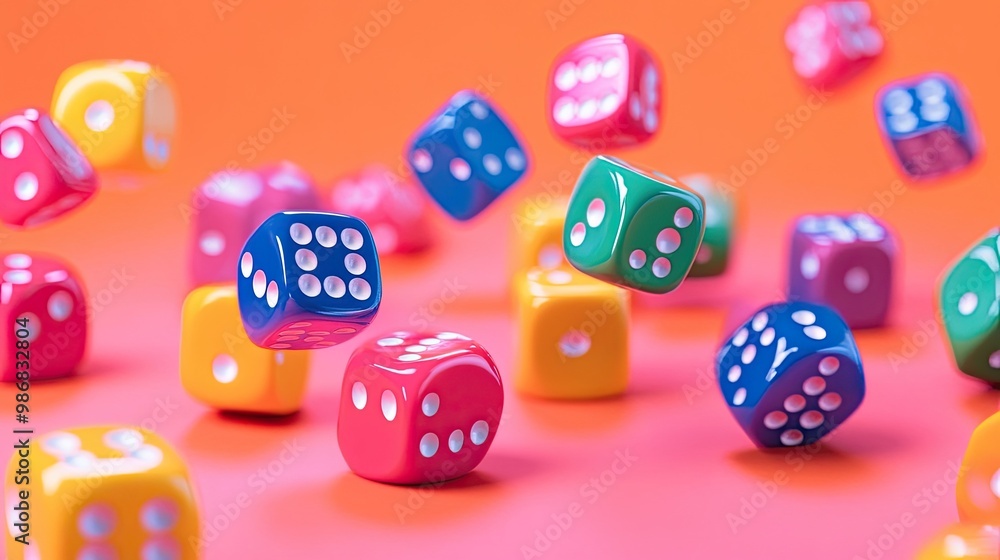 Colorful dice scattered on a pink surface with a vibrant orange background. Colorful dice scattered on a pink surface with a vibrant orange background.