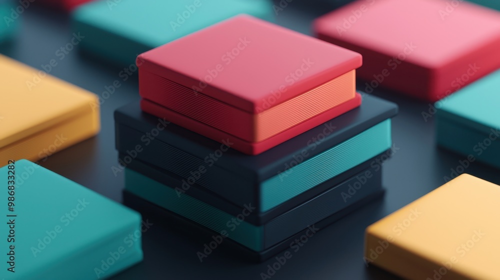 Obraz premium Colorful stacked gift boxes on a dark surface, ideal for creative projects.