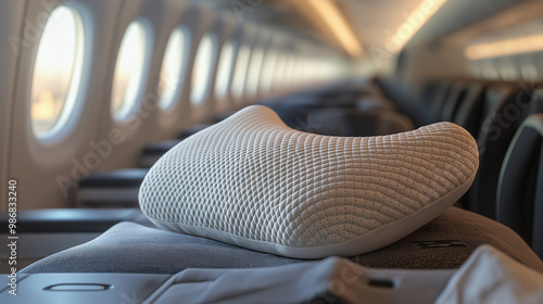 a versatile travel pillow in augmented reality, with material details, ergonomic design, and portability features in a virtual airplane cabin photo