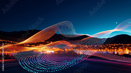 A colorful, glowing wave of light is displayed on a dark background
