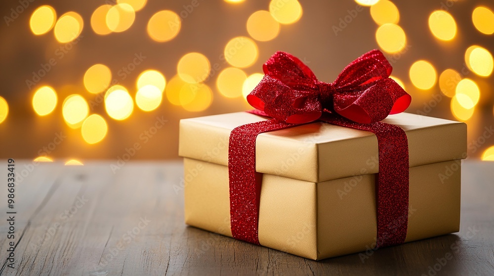 Elegant gift box with a red ribbon on a wooden surface, surrounded by soft glowing lights, perfect for celebrations. Elegant gift box with a red ribbon on a wooden surface, surrounded by soft glowing lights, perfect for celebrations.