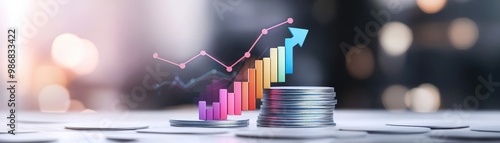 Financial growth, investment, and analysis concept with colorful graphs and coins on a desk.