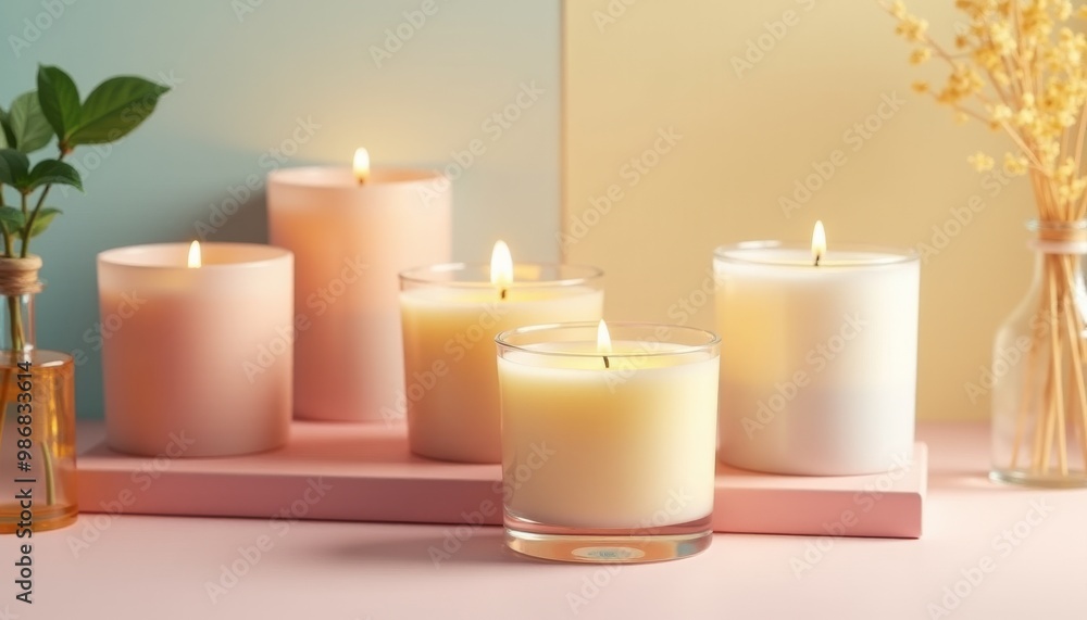 A row of candles with different colors and sizes are lit up on a table A row of candles with different colors and sizes are lit up on a table