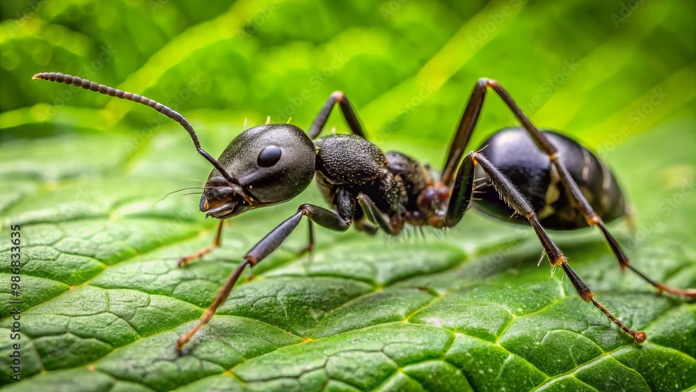 Tiny black ant's antennae twitch on the leaf, while its segmented body glistens with dew, and sturdy legs Tiny black ant's antennae twitch on the leaf, while its segmented body glistens with dew, and sturdy legs