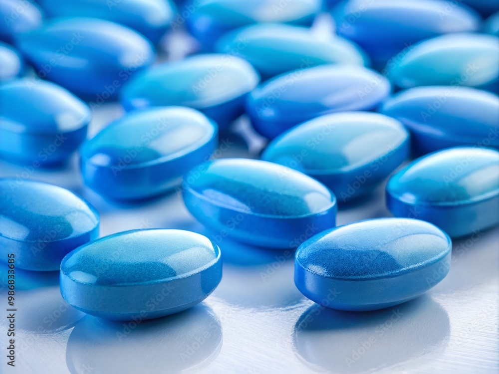 Tiny blue pills lie scattered on the white surface, their rectangular edges and gentle curves a stark contrast Tiny blue pills lie scattered on the white surface, their rectangular edges and gentle curves a stark contrast
