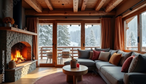 A cozy living room with a fireplace, a large couch, and a coffee table