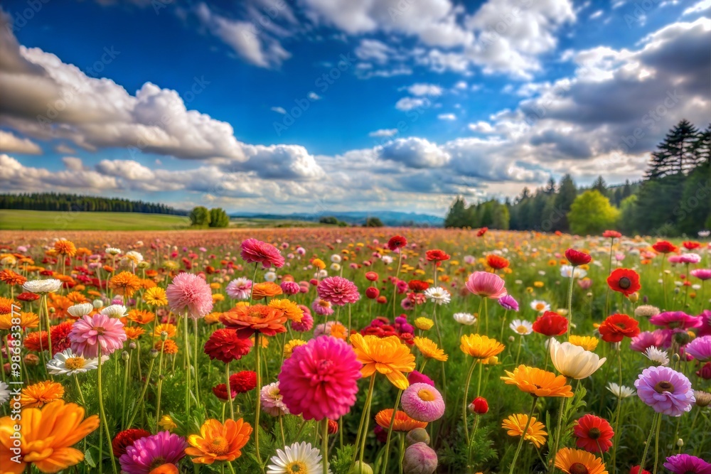 Colorful flower field under clear sky Colorful flower field under clear sky